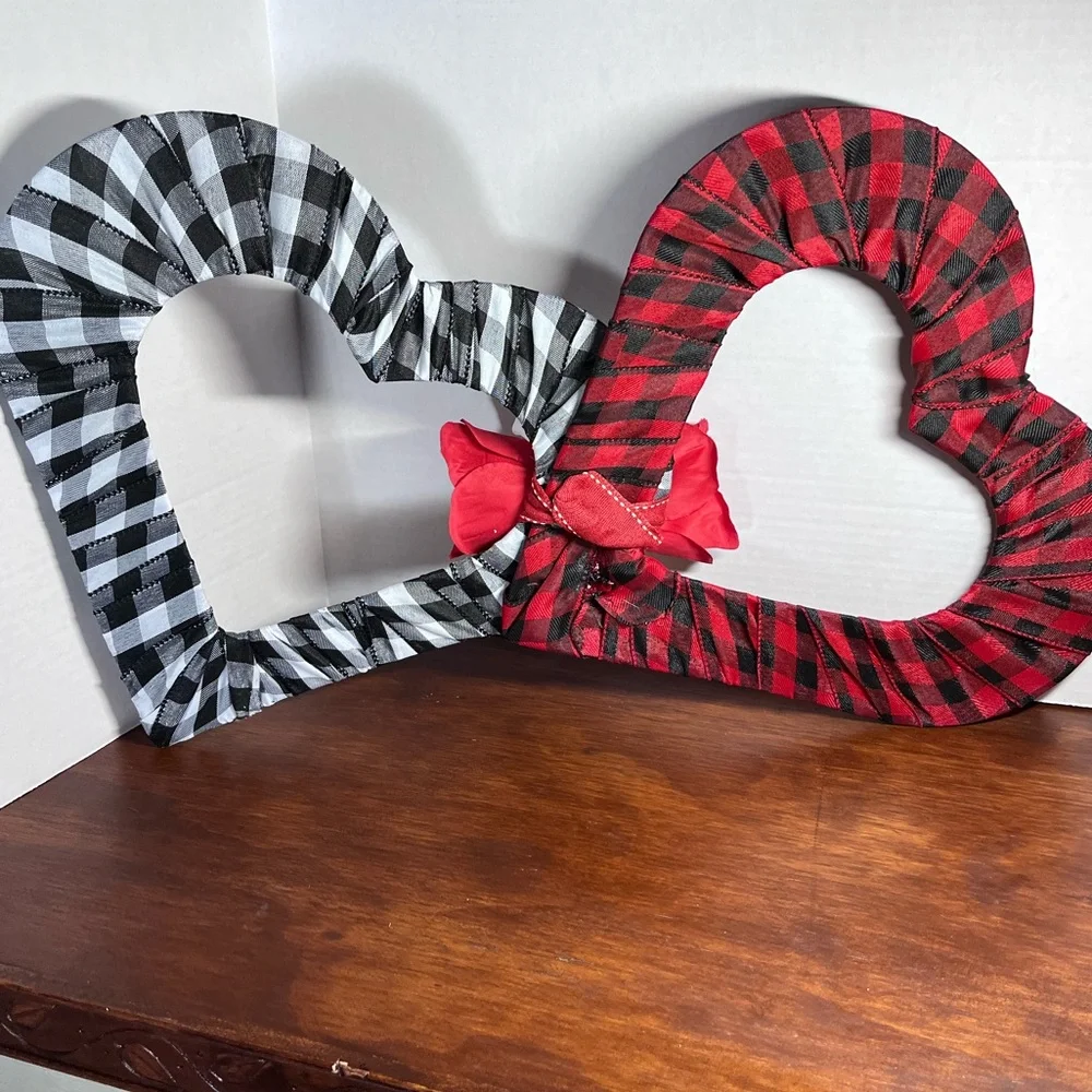 Large 24” Gingham Ribbon Wrapped Double Heart Wreath Decor Lumberjack